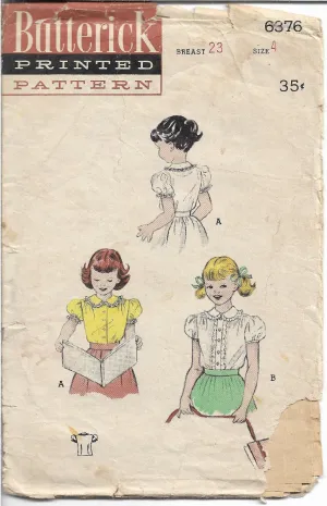 Butterick 6376 Little Girls Blouse Puffed Sleeves Vintage Sewing Pattern 1950s