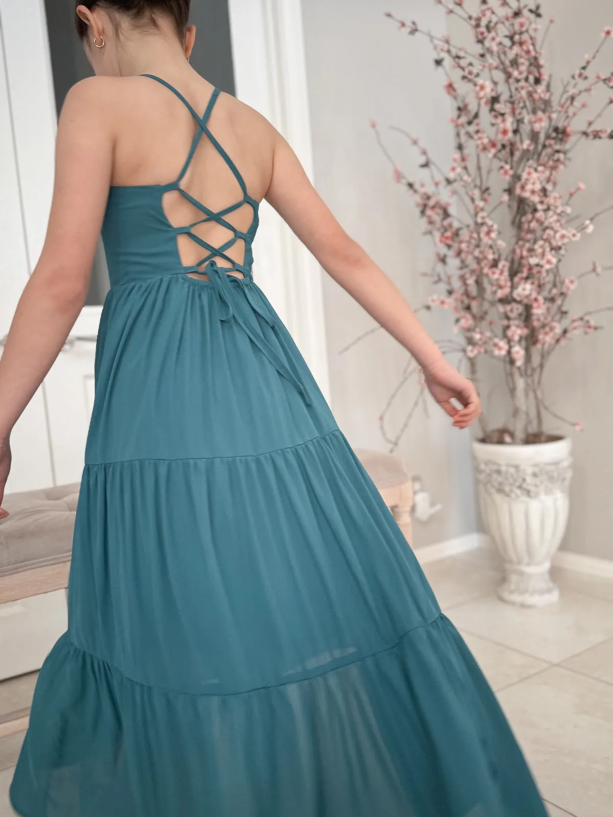 Clara Chiffon Girls Maxi Dress Teal Green