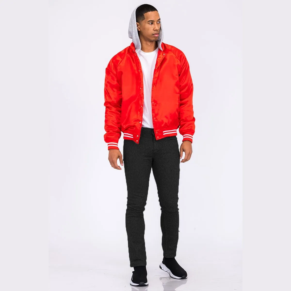 Red Satin Hooded Varsity Jacket