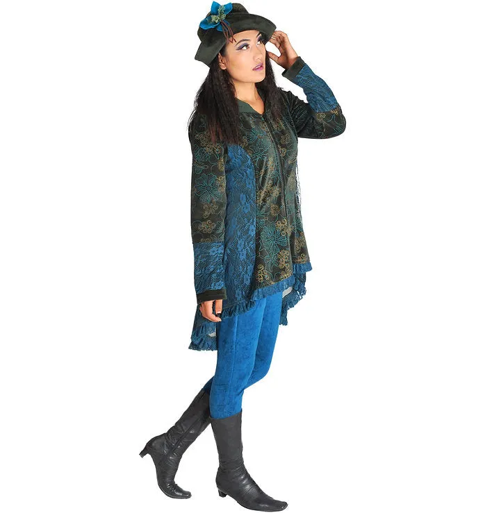 Velvet and Lace Tunic Length Victorian Jacket with Hood