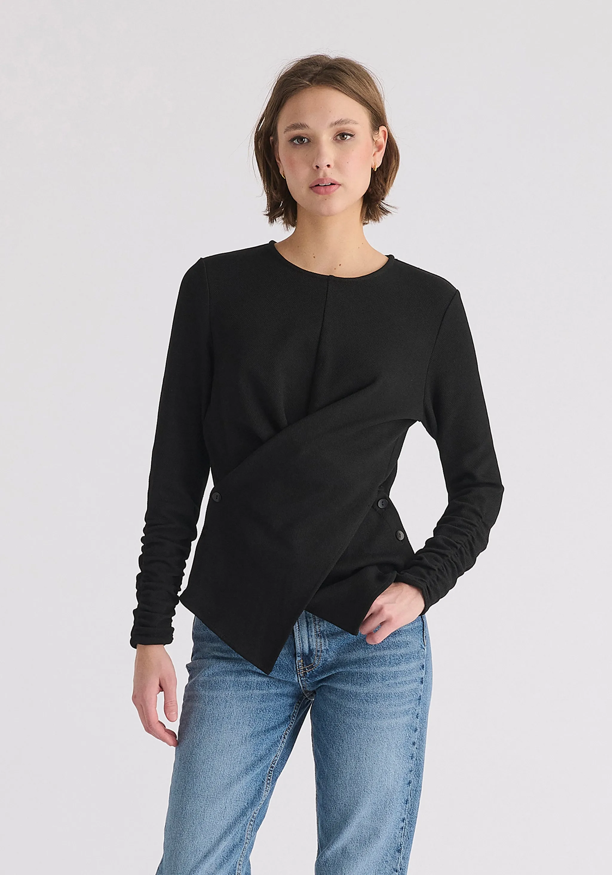 Wrap Top with Ruched Sleeve Detail